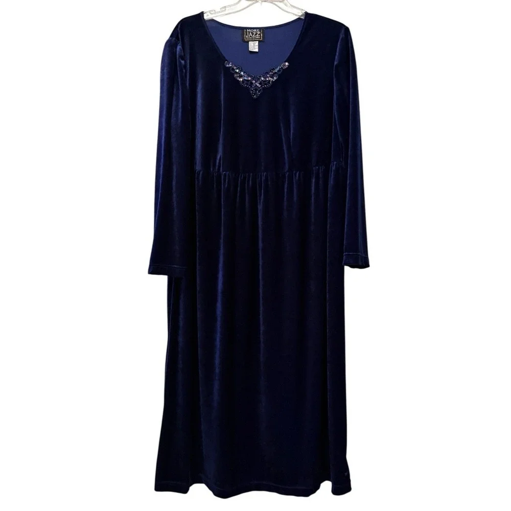 Vtg More Jazz Velvet Choir Dress Navy Blue Long Sleeve Formal Maxi Dress 18 - Picture 2 of 9